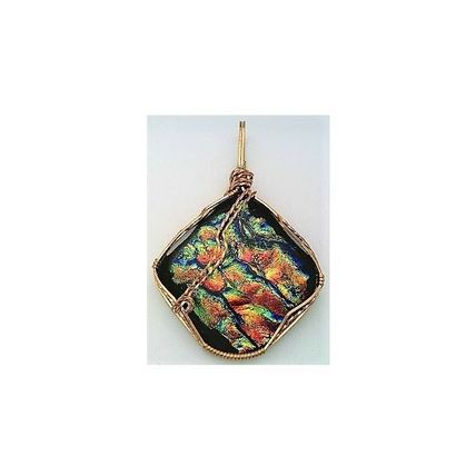 Orange Green Dichroic Glass Bronze Wire Wrap Pendant 2