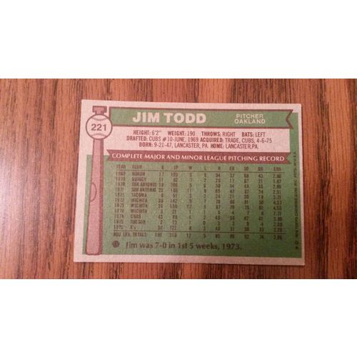 1976 Topps Card # 221 Jim Todd Very Good (3) Oakland Athletics