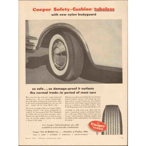 COOPER TIRE RUBBER COMPANY 1955 safety cushion tubeless vintage ad