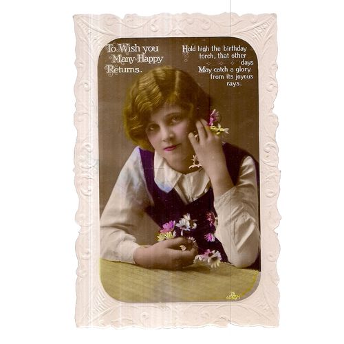 MANY HAPPY RETURNS, BIRTHDAY .used vintage postcard girl/flowers unposted a
