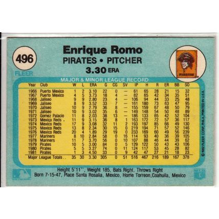 1982 Fleer baseball card 496 Enrique Romo– Pirates