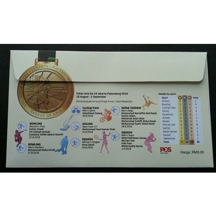Malaysia 18th Asian Games 2018 Sport Flag Bicycle FDC (cc *gold *unusual *signed