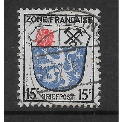 GERMAN STATES FRENCH ZONE 1945 ARMS 15pf SAAR SG F8 FINE USED#