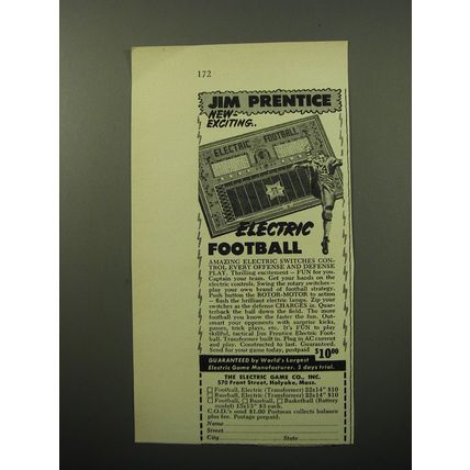 1950 The Electric Game Co. Jim Prentice Electric Football Advertisement