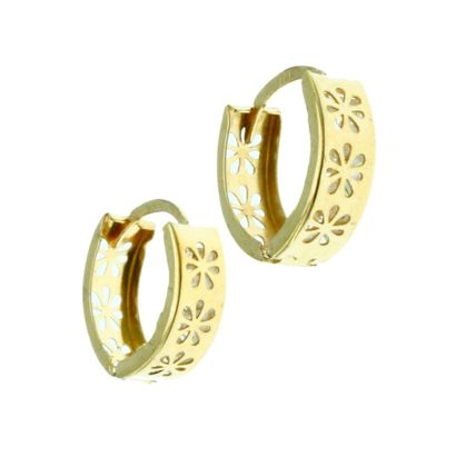 New Real 14 K Solid Yellow Gold Flower design Reversible Huggies Hoop Earrings