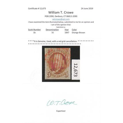 1b, Used VF/XF 5¢ Red Cancel - With Certificate * Stuart Katz