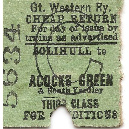 G.W.R. Edmondson Ticket - Solihull to Acocks Green & South Yardley