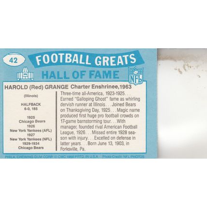HAROLD "RED" GRANGE 1988 AUTOGRAPHED CHICAGO BEARS HOF WORLD CHAMPION FULLBACK