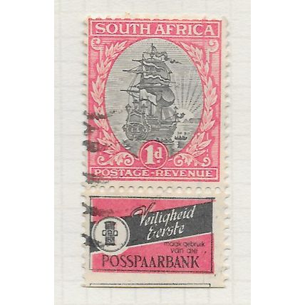 AFRICA SOUTH 1936 ADVERT POST OFFICE SAVINGS BANK SELVEDGE 1d SHIP USED AFRIKAAN
