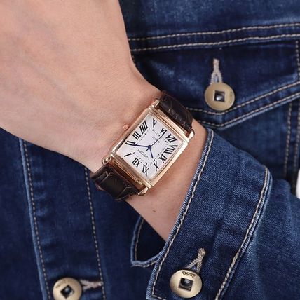 Gents Square Rectangle Tank Face Rose Gold Case Brown Leather Strap Watch