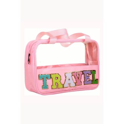 Light Pink TRAVEL Chenille Letter Clear PVC Makeup Bag