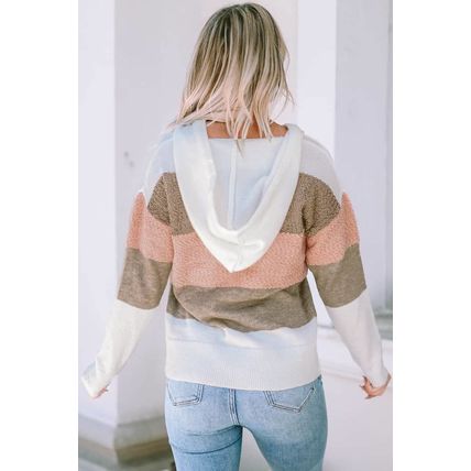 Pink Color Block Knitted Drawstring Hooded Sweater