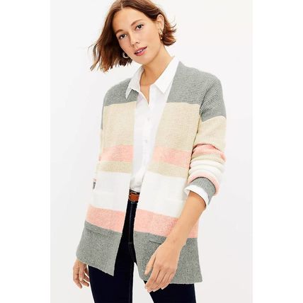 Multicolor Color Block Striped Pocketed Open Cardigan