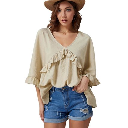 Apricot V Neck Draped Batwing Sleeve Ruffle Top