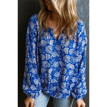 Blue Floral Notched V-Neck Long Sleeve Blouse