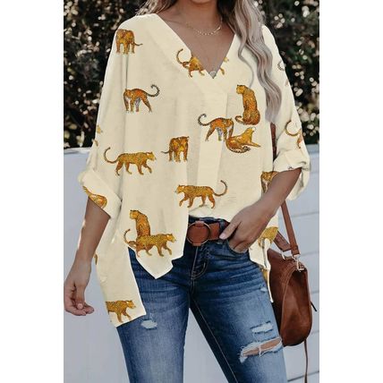 Apricot Printed Leopard Print Tab Sleeve Loose Fit V Neck Blouse