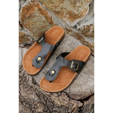Black Vintage Buckle PU Leather Thong Slippers