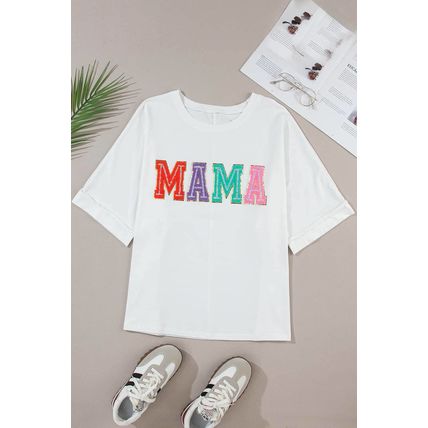 White MAMA Chenille Patched Crew Neck T Shirt