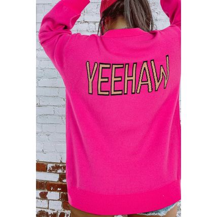 Rose Red YEEHAW Cowboy Hat Drop Shoulder Oversized Sweater