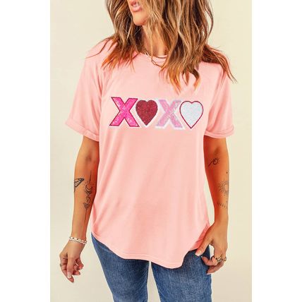 Pink Sequin Heart XOXO Patched Graphic Valentines T Shirt