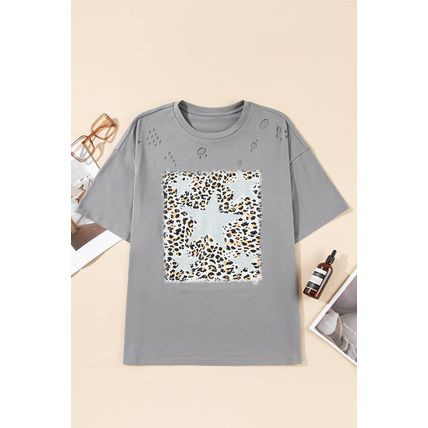 Medium Grey Stars Leopard Graphic Distressed Tee