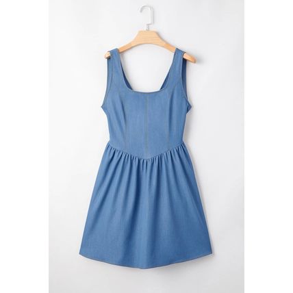 Myosotis Square Neck Pleated Waist V Cut Backless Tied Fit and Flare Dress