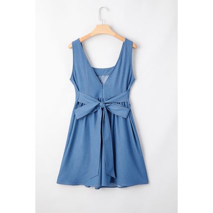 Myosotis Square Neck Pleated Waist V Cut Backless Tied Fit and Flare Dress