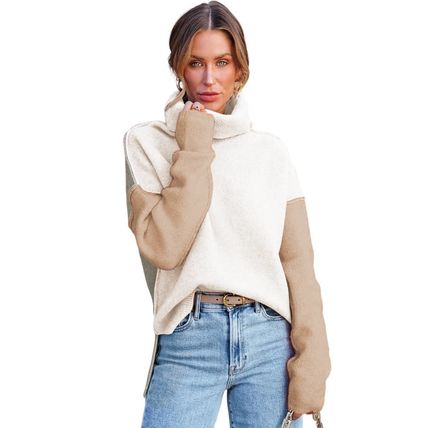 White Color Block Turtle Neck Drop Shoulder Knit Sweater