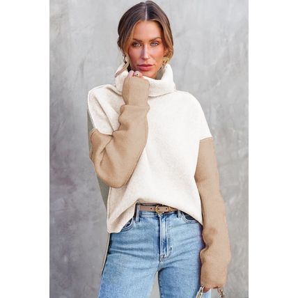 White Color Block Turtle Neck Drop Shoulder Knit Sweater