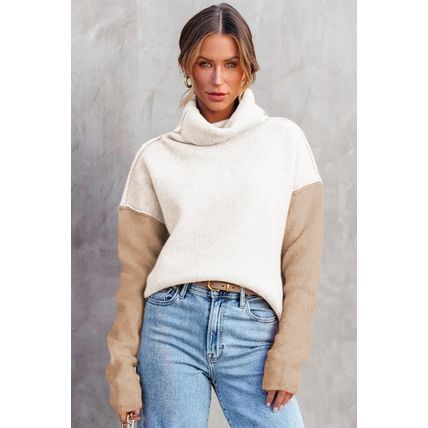 White Color Block Turtle Neck Drop Shoulder Knit Sweater