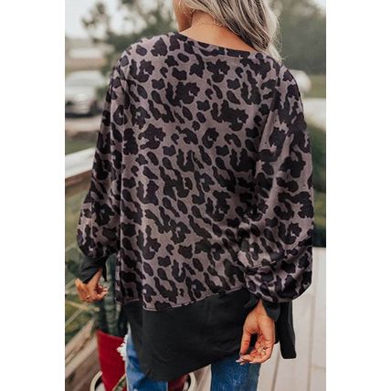 Black Leopard Patchwork Bishop Sleeve Slit Sweatshirt
