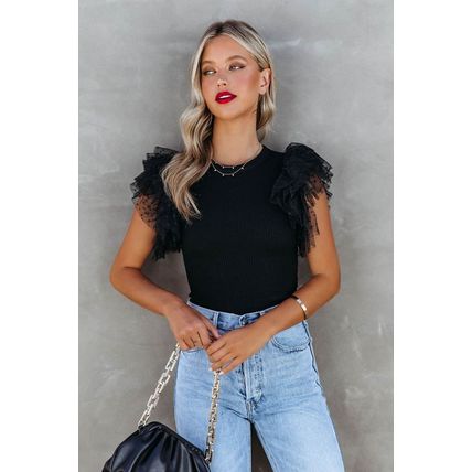 Black Dotty Mesh Ruffle Sleeve Ribbed Knit Top