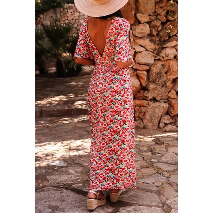 Red Floral Half Sleeve Deep V Neck Cutout Back Split Maxi Dress