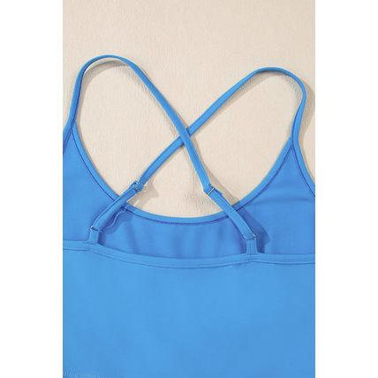Blue Crossed Spaghetti Straps Drawstring Waist Sporty Romper