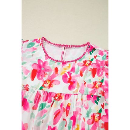 Rose Floral Print Flutter Sleeve Round Neck Casual Blouse
