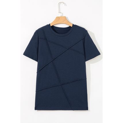 Dirty blue Solid Color Toothpick Stripe Round Neck T Shirt