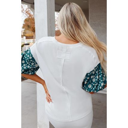 White Contrast Floral Puff Sleeve Oversized Top