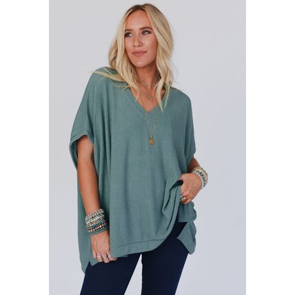 Moonlight Jade Oversized Ribbed Knit V Neck Dolman Short Sleeve Top