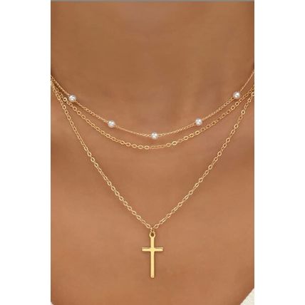 Gold Plated Cross Pendant Pearl Decor Triple Layer Chain Necklace