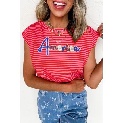 Red Stripe Sequin America Letter Patched Cap Sleeve Top