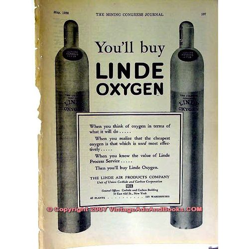 LINDE AIR PRODUCTS CO 1928 oxygen coal mining equipment vintage ad