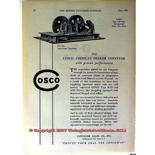 CONVEYOR SALES COMPANY 1928 COSCO American shaker coal vintage ad