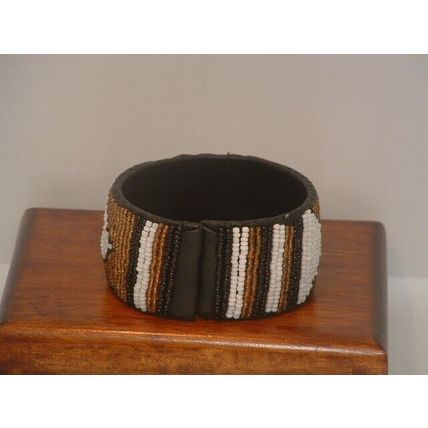 New Women's African Gold & White Beaded Wide Leather Bracelet
