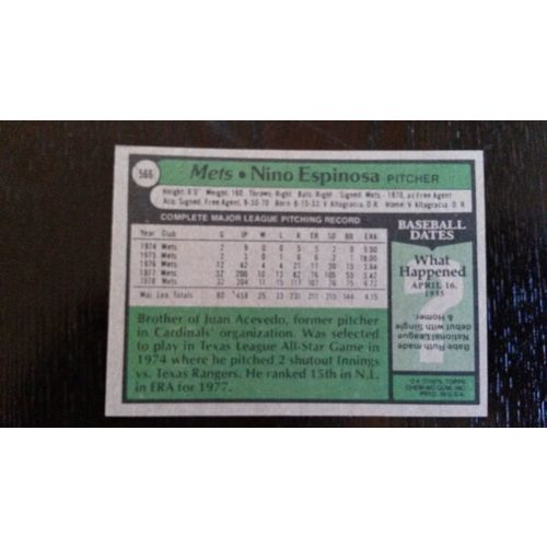 1979 Topps Card # 566 Nino Espinosa Excellent (5) New York Mets