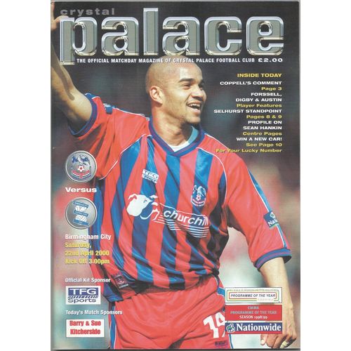 1999-2000 CRYSTAL PALACE v BIRMINGHAM CITY (Excellent Condition - No Writing)