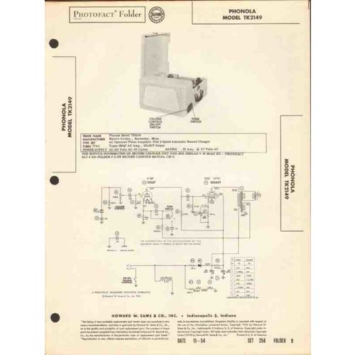 PHONOLA model TK2149 3-speed record changer Sams Photofact manual