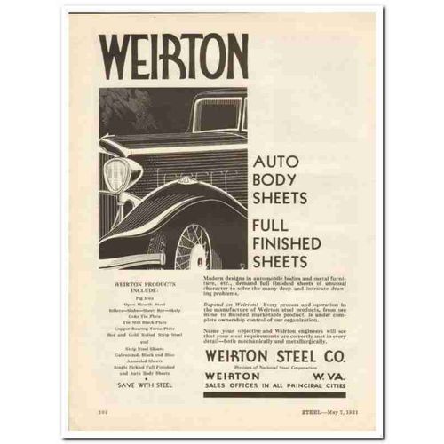 WEIRTON STEEL COMPANY 1931 full finished auto body sheets vintage ad