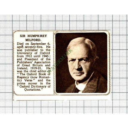 C8140) Sir Humphrey Milford Publisher Obituary -1952 SMALL Cutting