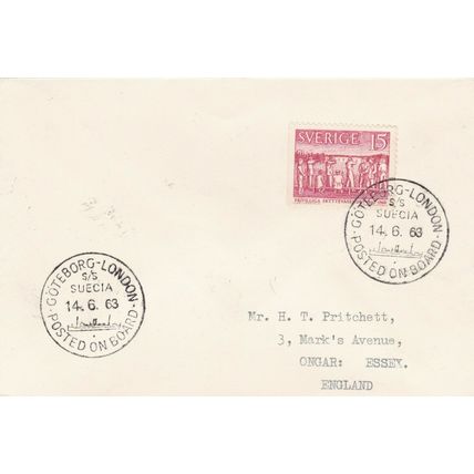 Sweden 1963 SS Suecia London-Goteborg Posted on Board Ships Cachet VGC