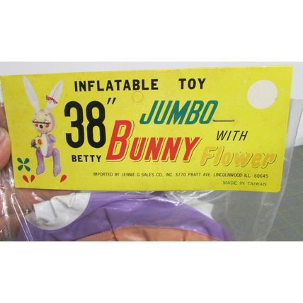 1960's 38" JUMBO "BETTY" BUNNY With Flower (PURPLE) Inflatable Easter toy NOS